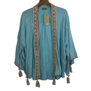 Skemo Boho Chic Cover Up Open Kimono Sleeve Embroidered Beaded Tassels L NWT